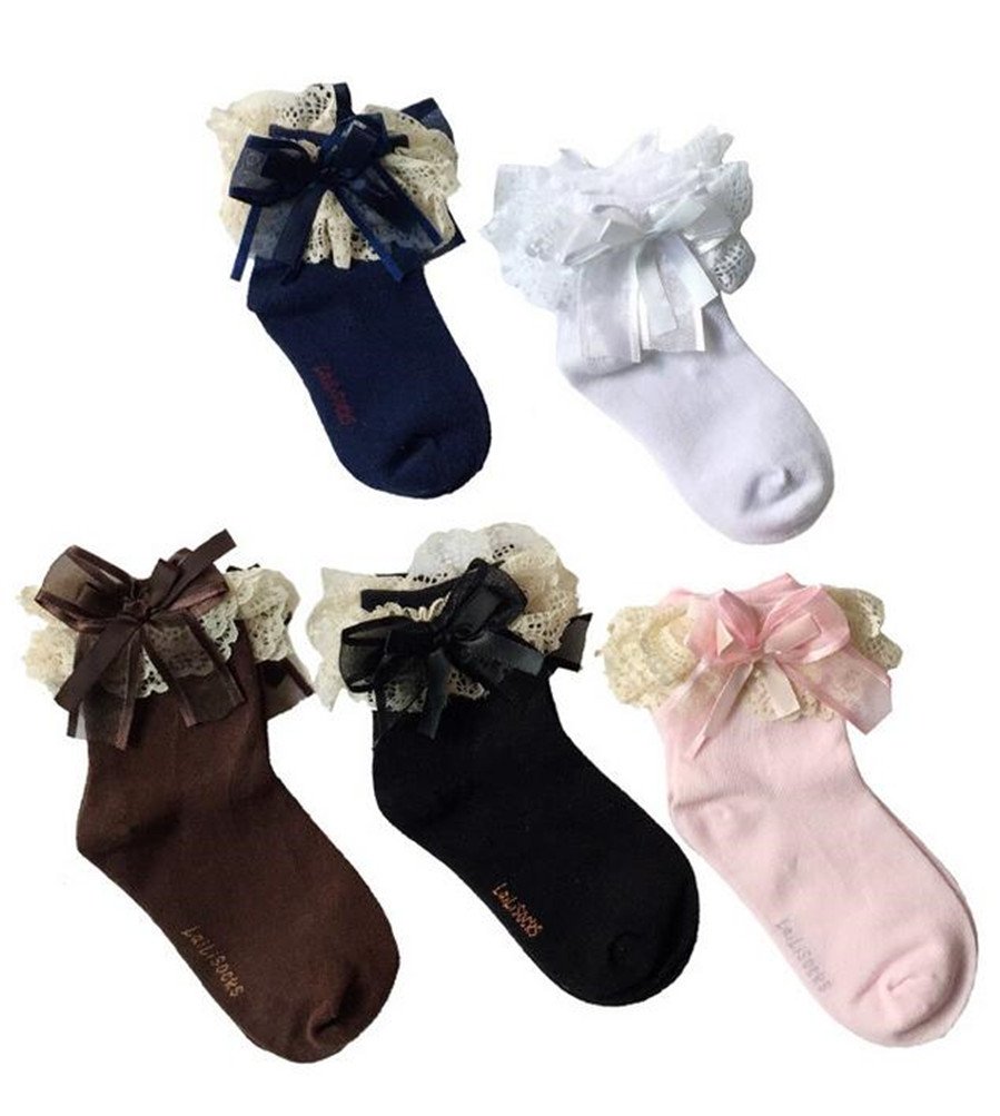 (リアルスタイル)Real Style レースフリル付 キッズ 子供 幼児 靴下 白 レース お姫様 リボン 蝶結び ソックス フォーマル 結婚式 発表会 お姫様 クルー丈 のびのび ジュニア 5足 