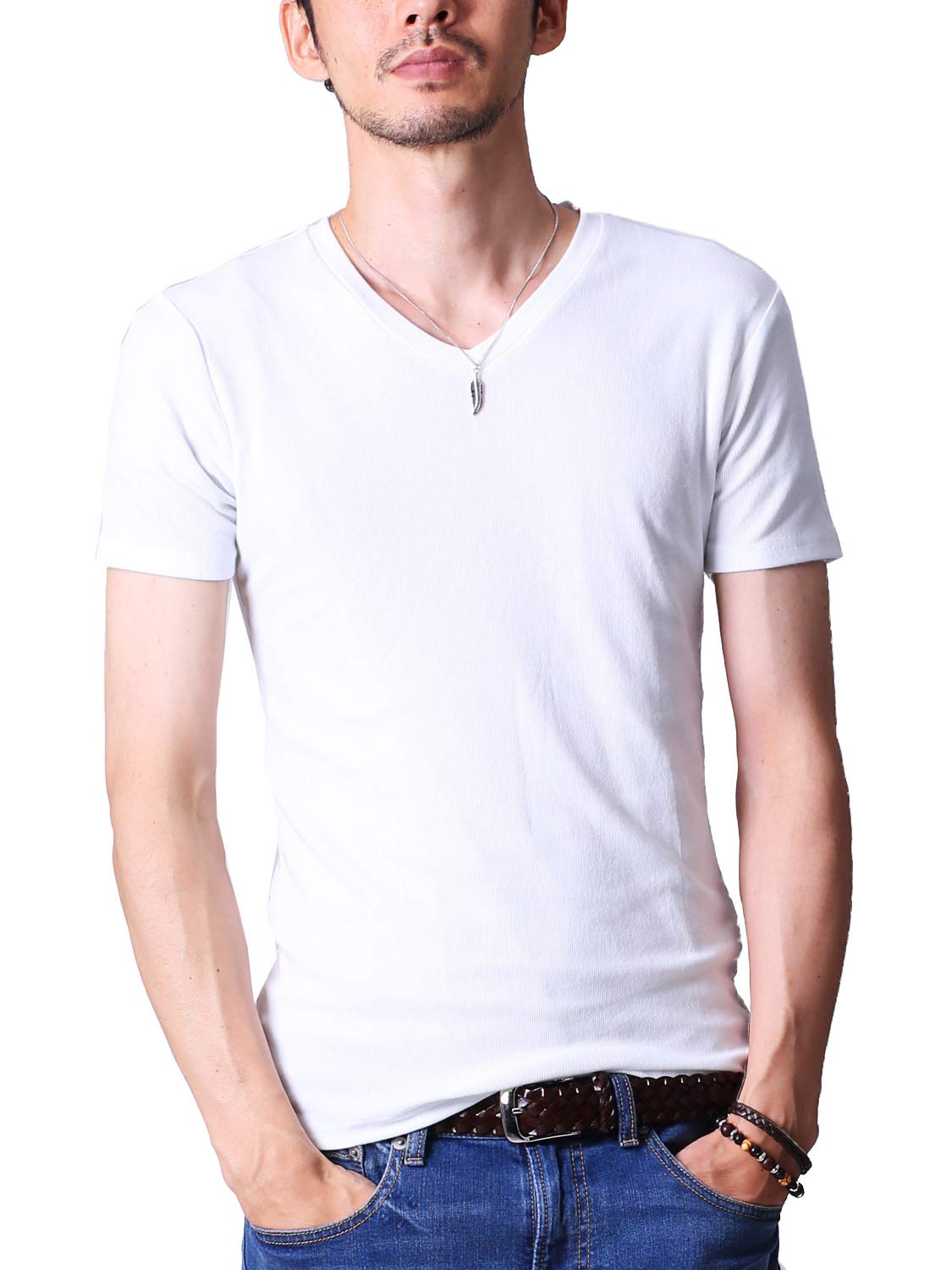 フテラ メンズ シャツ カットソー Tシャツ ロンＴクルーネック 丸首 Vネック 長袖 7分袖 半袖 無地 シンプル スリム ホワイト(半袖/Vネッ