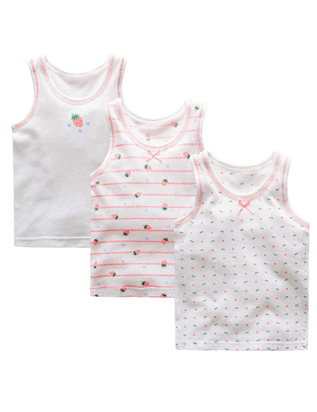 Aduni キッズ インナー 肌着 女の子 キャミソール タンクトップ 3枚組 女児トップス ノースリープ 可愛い いちご プリント 綿100% カジュアル 子供服 夏物 110cm