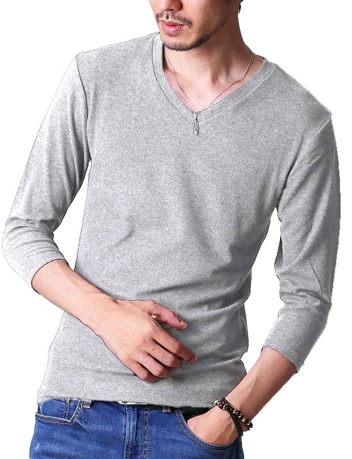 フテラ メンズ シャツ カットソー Tシャツ ロンＴクルーネック 丸首 Vネック 長袖 7分袖 半袖 無地 シンプル スリム ライトグレー(7分袖/Vネック) XL