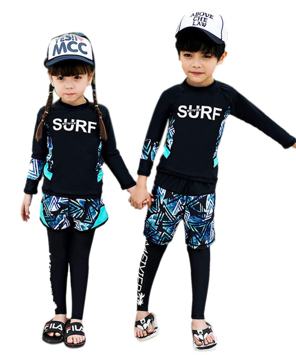 YUEGUANG キッズ 水着 セパレート長袖 UVカット 日焼け止め 男の子 女の子 3点セット ラッシュガード ジュニア 水遊び ビーチ プール 温泉 (boy-3点セット, 120cm)