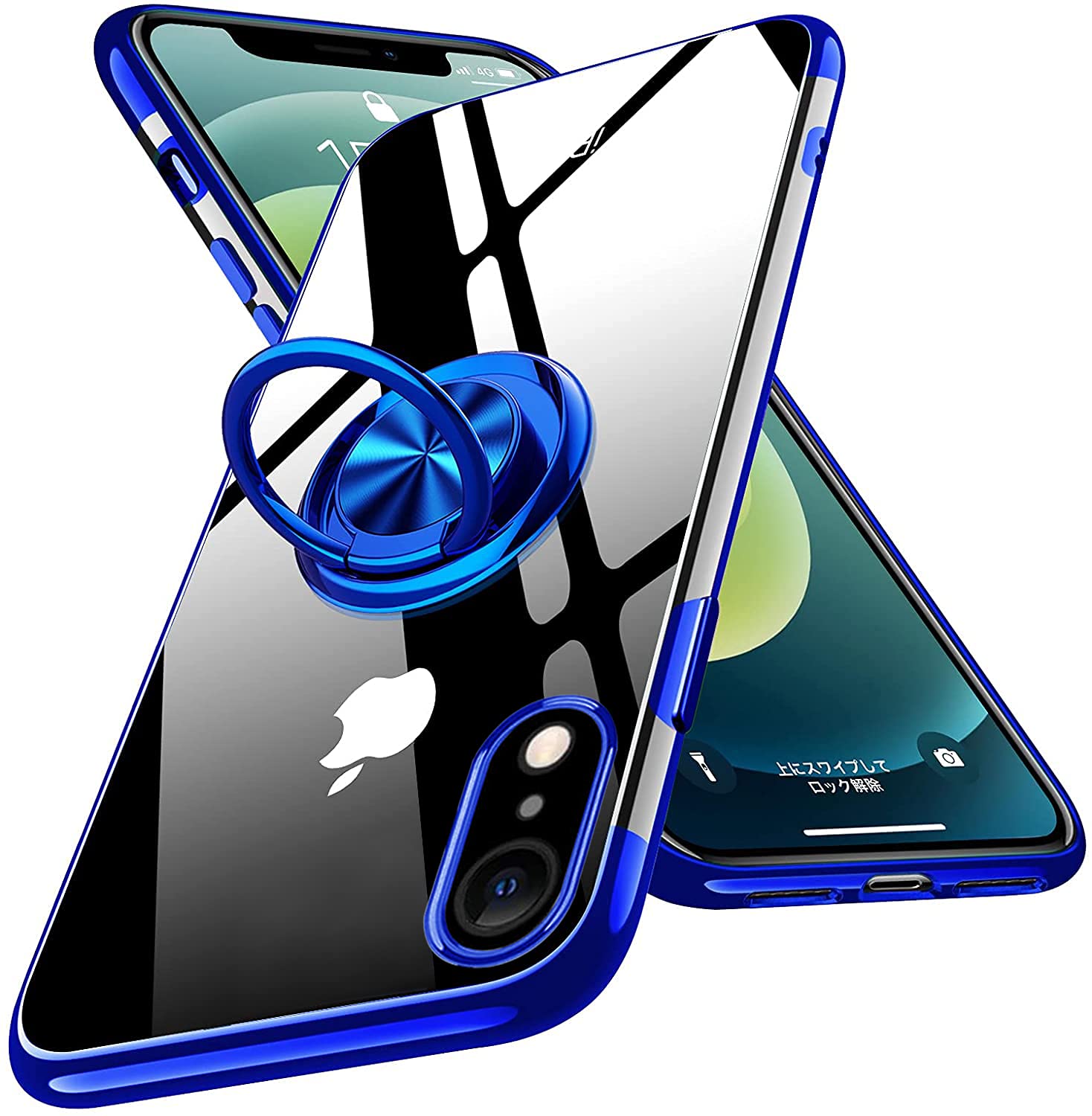 i Phone XR ケース リング付き クリア 青 アイフォンxr カバー リング 透明 耐衝撃 全面保護 薄型 軽量 メッキ加工 青縁 TPU スタンド機能付き 360回転 車載ホルダー対応 クリ