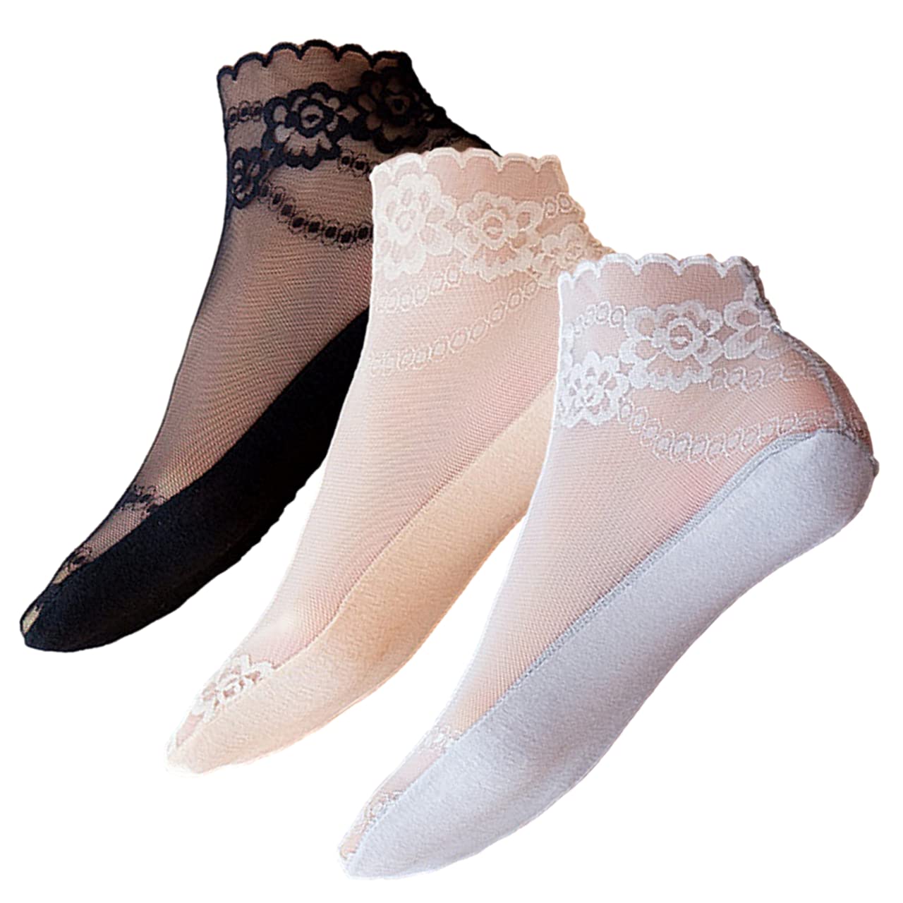 One Drop シースルー ソックス フラワー レース 柄 透明 ショート クルー 丈 パンプス 3足 セット レディース 靴下 夏 おしゃれ 涼しい 極薄 22.0 23.0 24.0 チュール 