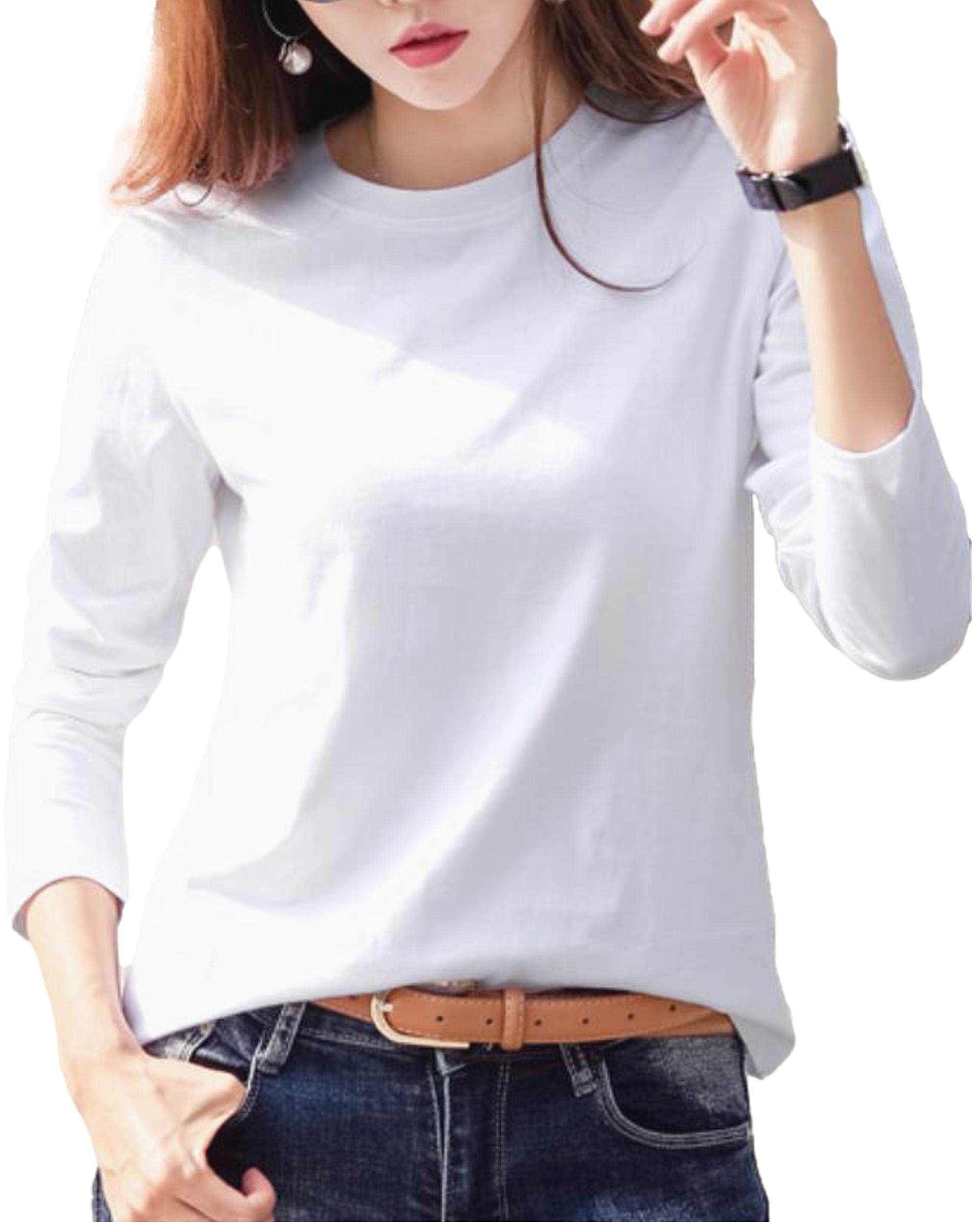 Fiorior 長袖カットソー 無地トップス なが袖 ロンティー Tシャツ Uネック クルーネック ラウンドネック 無地 春服 秋服 インナー 綿100 コットン ホワイト ゆったり 大きめ 着痩せ 