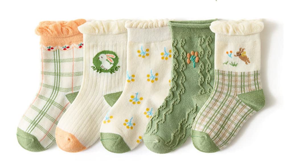In Somila インソミラ ソックス キッズ 靴下 女の子 お姫様 フリル ジュニア 5足 セット キッズ クルー丈 カラフル 花柄 (14-16cm, グリーン)