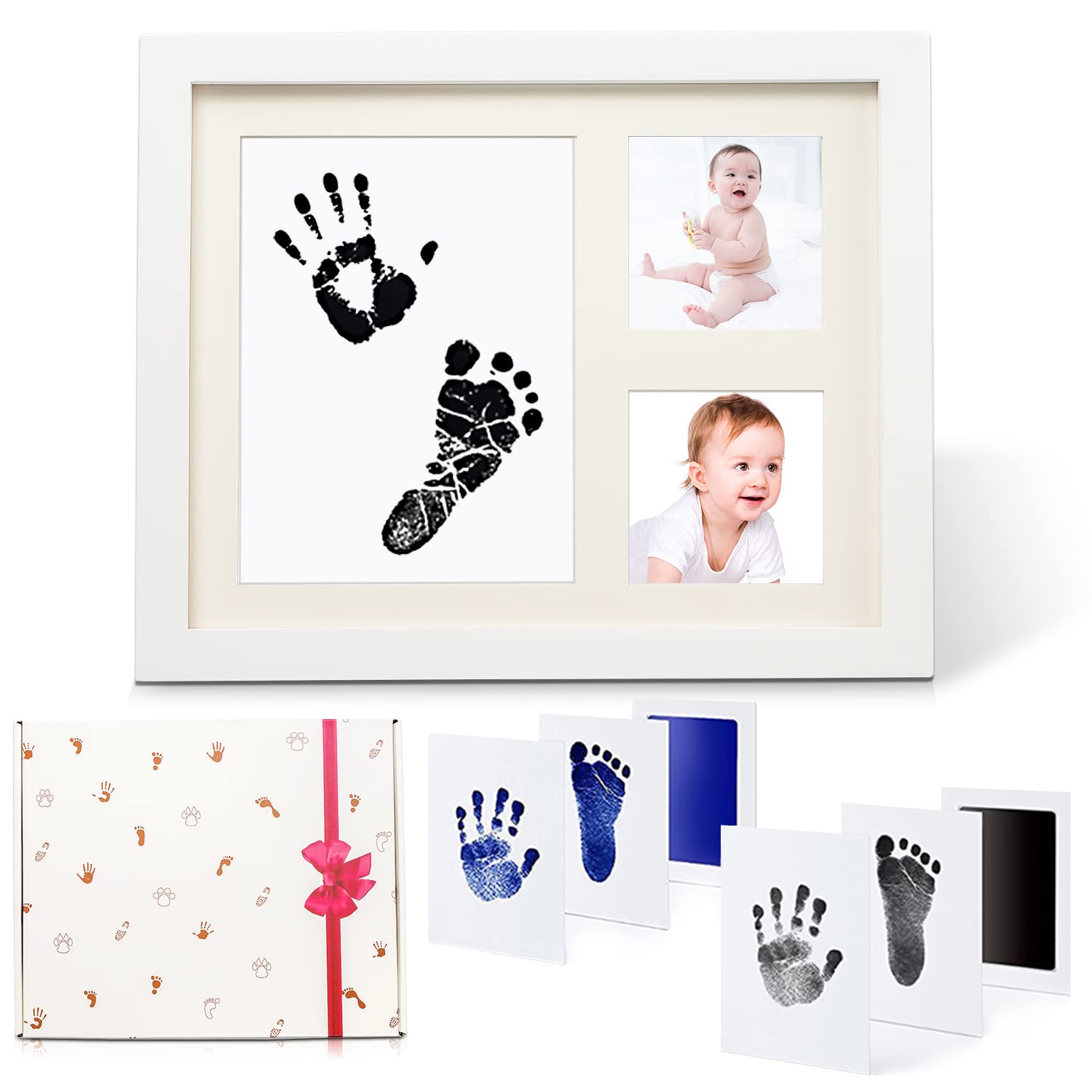 ベビーフレーム 手形 足形 フォトフレーム 2色インクパッド+3枚カード+壁掛けフック 手足形 キット 赤ちゃん 木製 新生児 汚れない イン