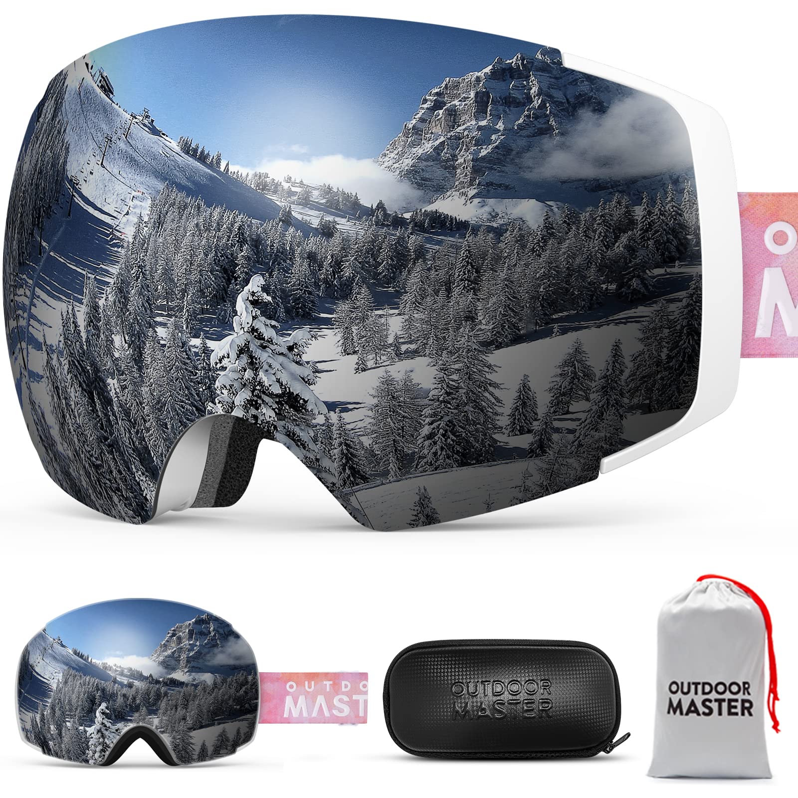 OutdoorMaster スキーゴーグル 両層磁気レンズ レンズ着脱可 UV紫外線カットメガネ対応 ケース付き 曇り止め 180°広視野 スノーゴーグル