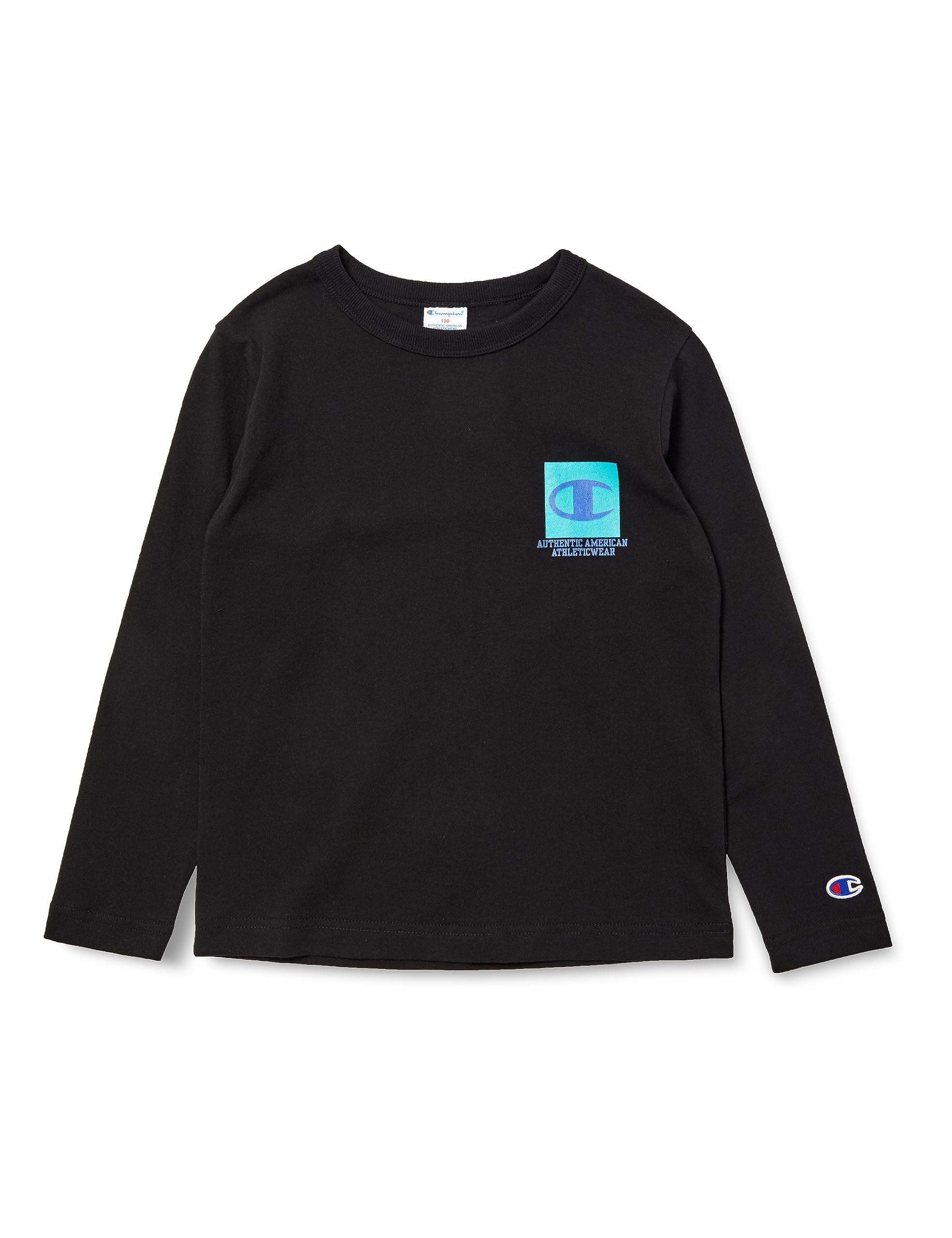 チャンピオン Tシャツ キッズ 長袖 丸首 綿100% Relax Fit グラフィックロゴプリント ロングスリーブポケットTシャツ CKSX407Z ブラックＸブルー
