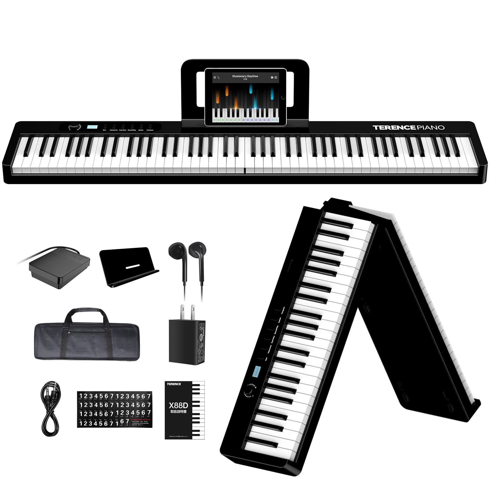 TERENCE 電子ピアノ 88鍵盤 折り畳み 2023革新モデル 折り畳み キーボード ピアノ 充電式 指力感知機能 MIDI機能 デュアル音色/メトロノ