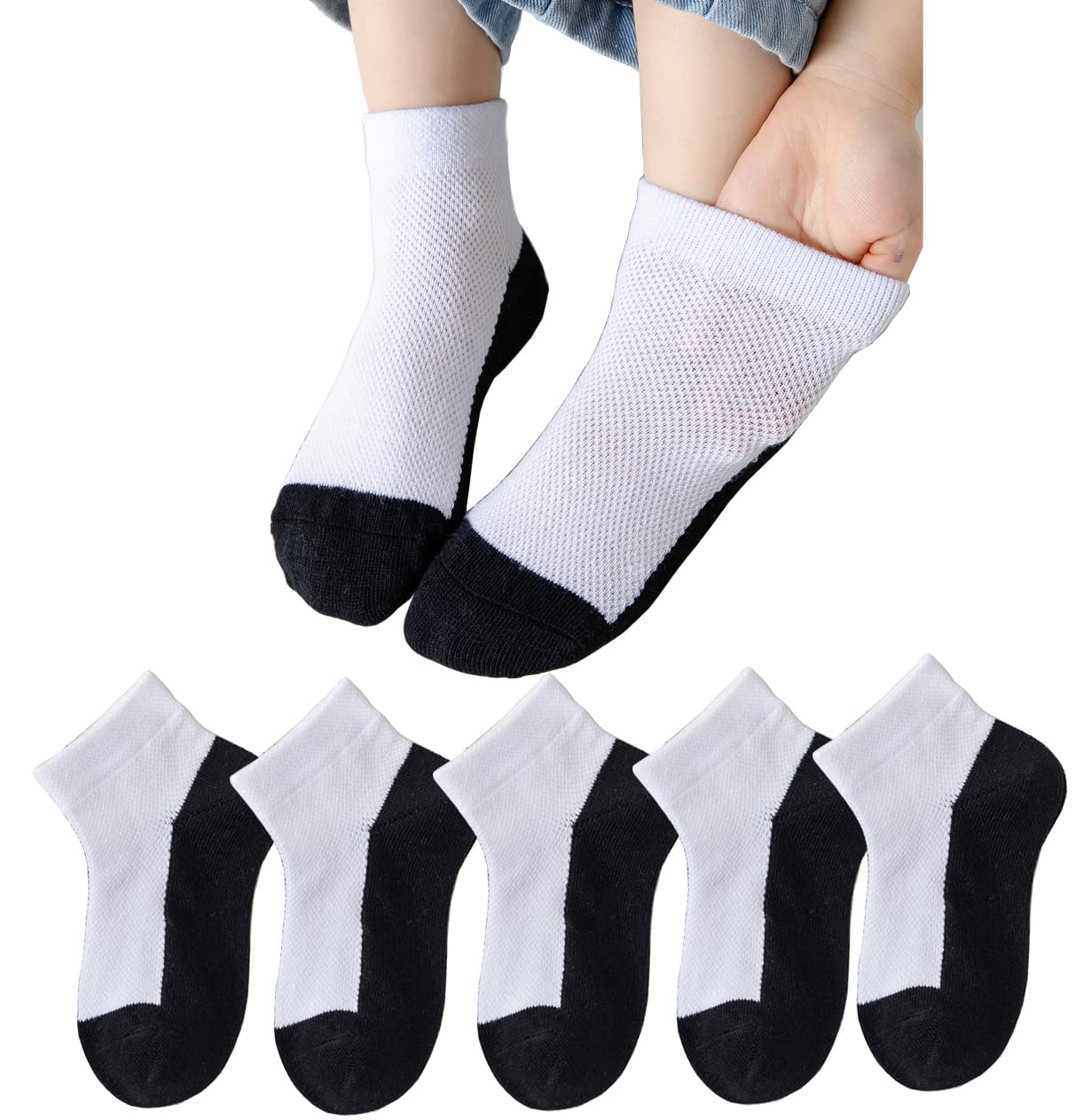 In Somila インソミラ キッズ ジュニア スクール ソックス メッシュ ショートソックス 5足セット 男の子 女の子 靴下 底配色 汚れ目立たない 白 夏 (19-21cm, ホワイト ブラッ