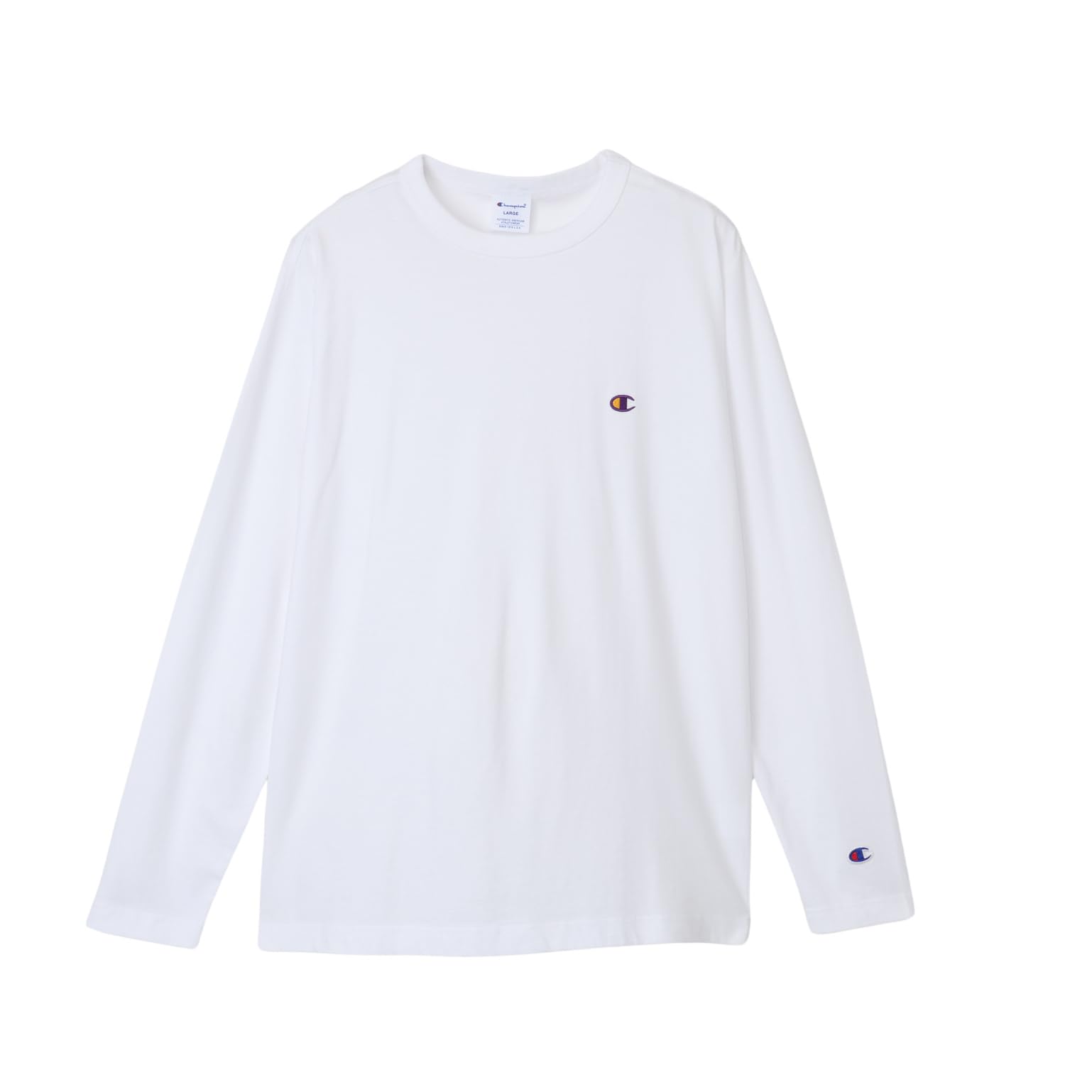 チャンピオン ロングTシャツ 長袖 丸首 綿100% 刺繍 ワンポイントロゴ ロングスリーブTシャツ ベーシック C8-X408 メンズ ホワイト×パープル M