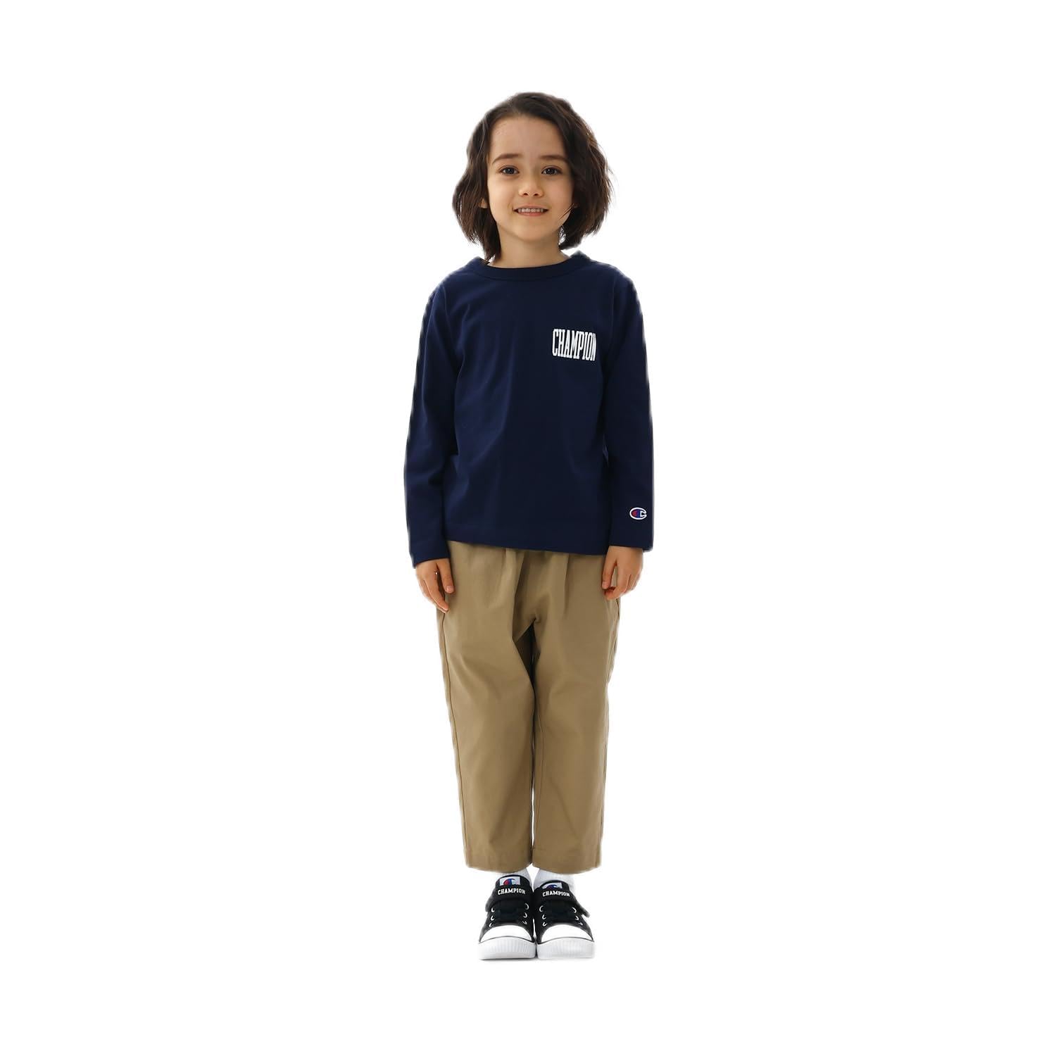 チャンピオン Tシャツ キッズ 長袖 丸首 綿100% Relax Fit グラフィックロゴプリント ロングスリーブポケットTシャツ CKSX407Z ネイビー×オフホワイト