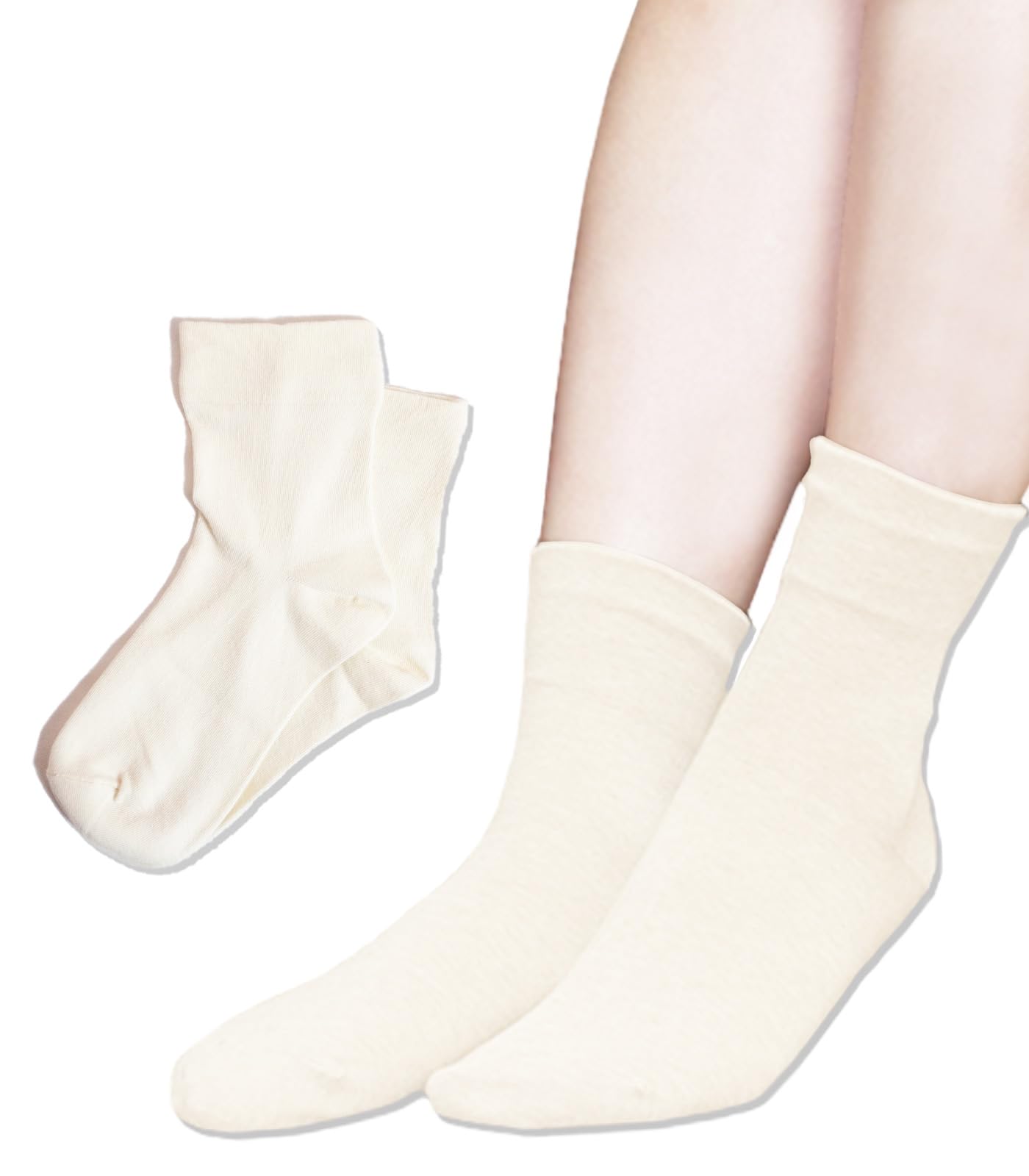 Chica Hurra アイボリー 23-25cm レディース 女性 用 ソックス 靴下 同色 2足 セット 無地 シンプル クルー丈 口ゴム無し 疲れにくい 大人 ストレッチ 婦人 用品 セット春 